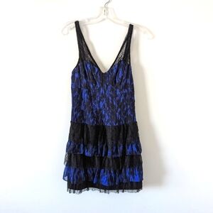 Guess Women's Tiered Lace Trim Dress, Size US 7, Blue & Black